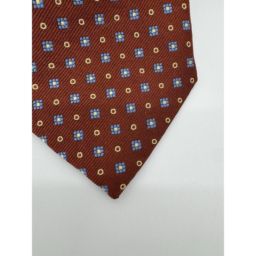 Barneys‎ New York Silk Tie Red Geometric Pattern Blue Gold Squares Made in Italy